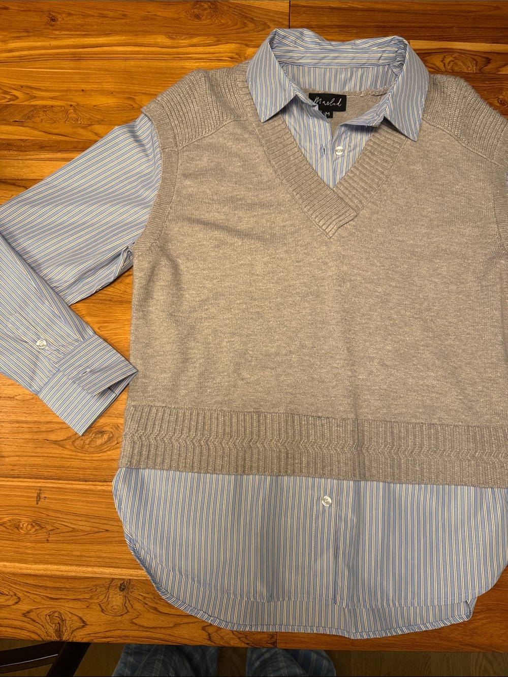 Marled “two for”Gray V-Neck Sweater Vest with Striped Blue Shirt Detail